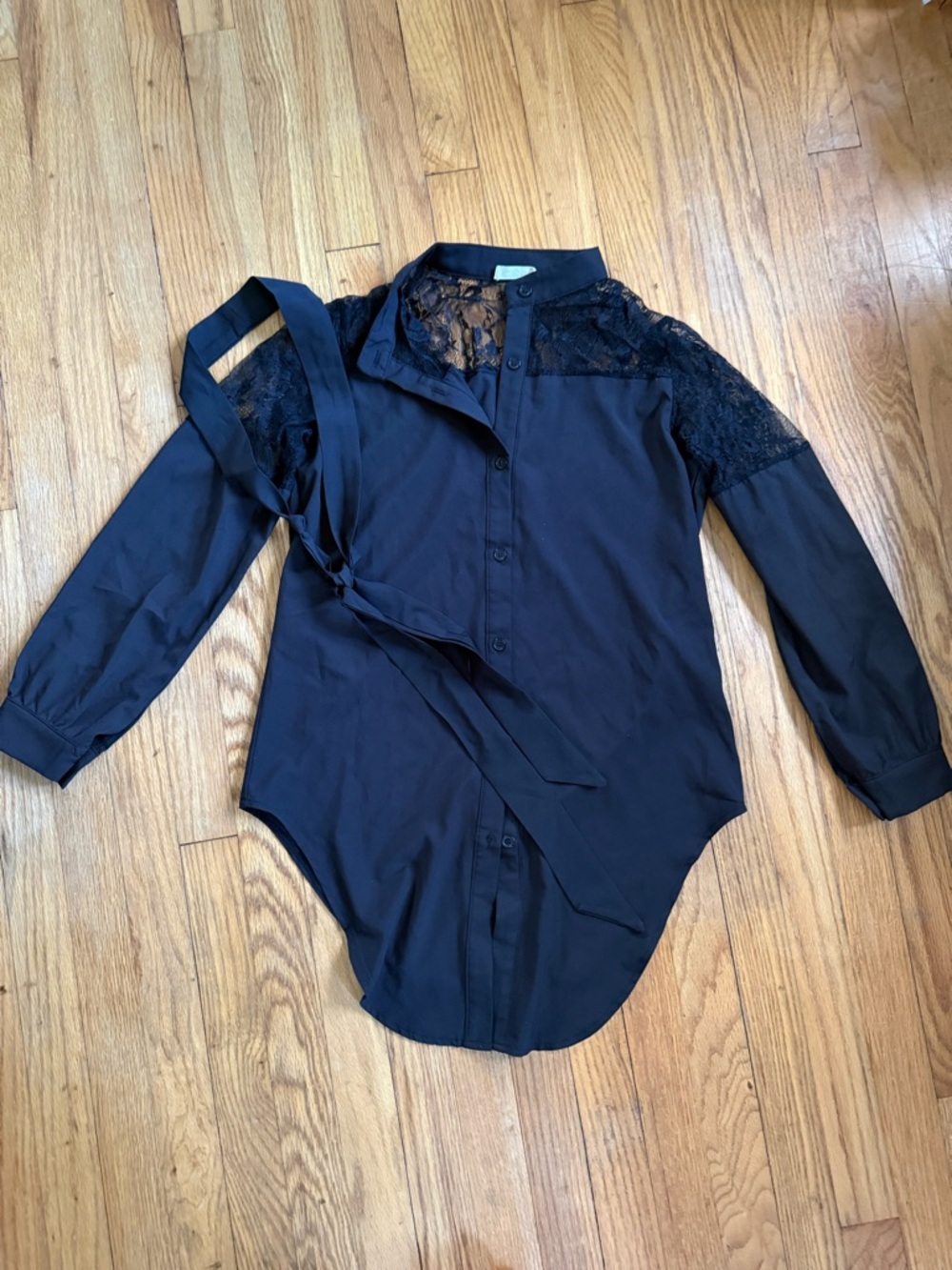 Black Lace-Yoke Button Down Shirt